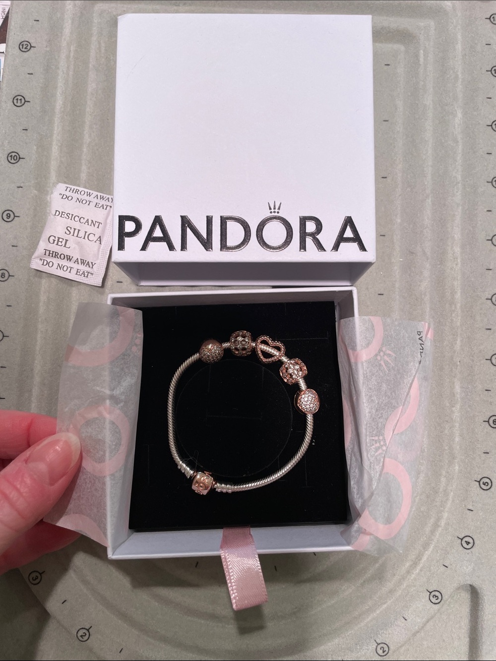 Pandora Rose Gold and Silver Barrel Clasp Snake Chain Bracelet with Charms